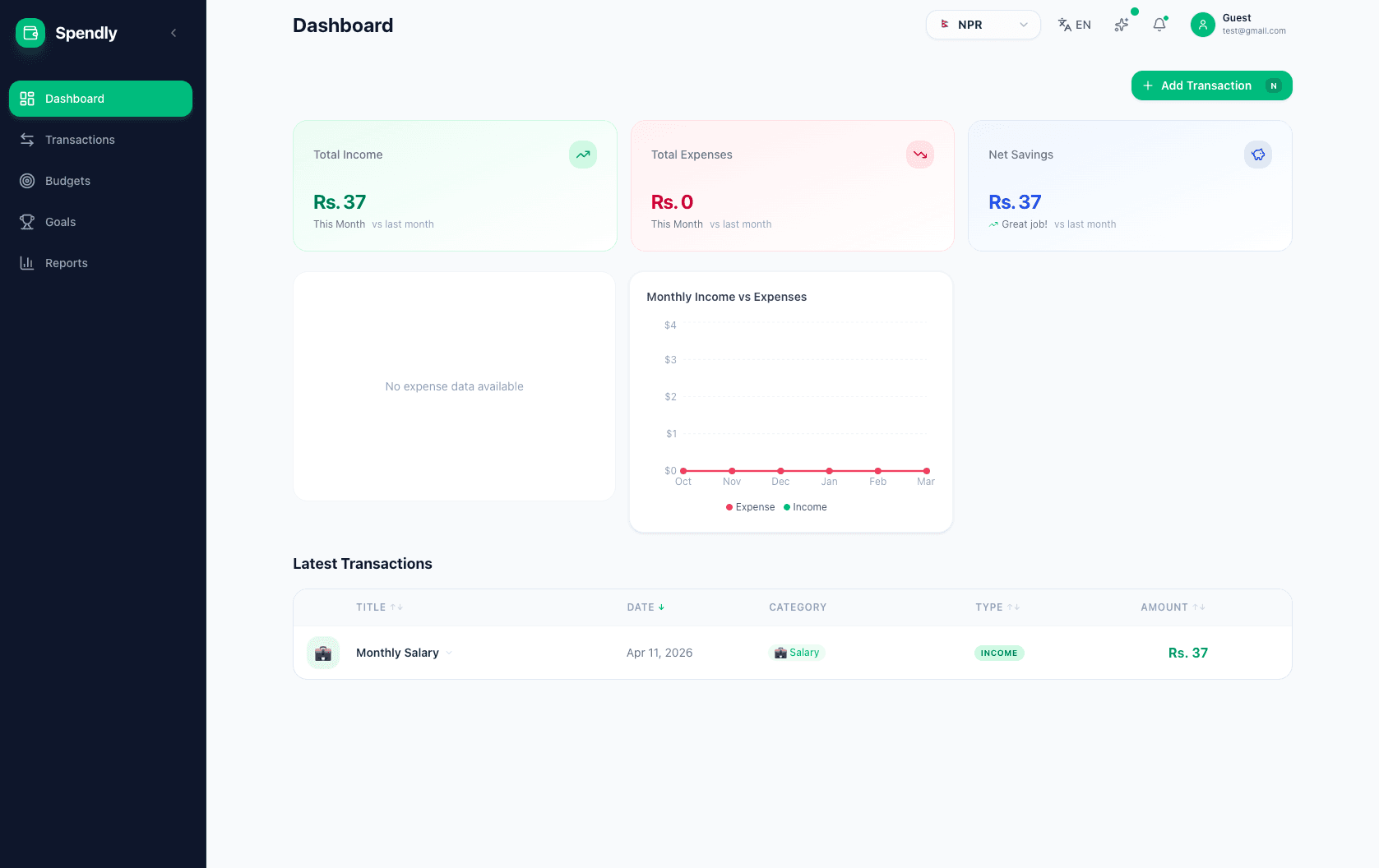 Screenshot of Spendly - Personal Finance Tracker - Full Stack project